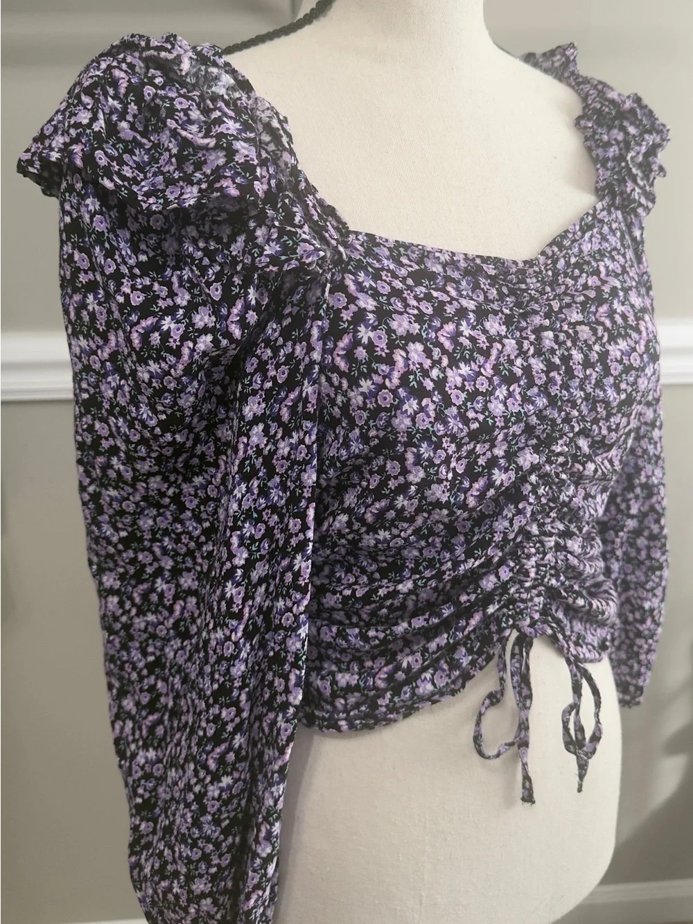 Zara Purple Floral Cottagecore Ruched Crop Top L 318